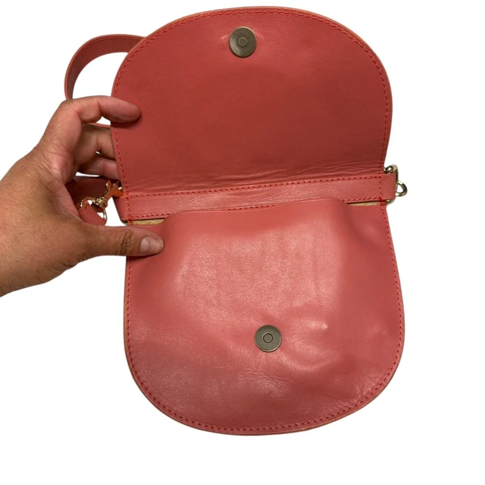 ABLE Leather Crossbody Bag Circle Handle Adjustable Strap Coral Pink